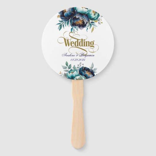 アクアティール(緑がかった色)とネイビーピーニーブーケ結婚ス ハンドファン (正面)