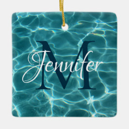 アクアティール（緑がかった色）とホワイトスイミングプールフォトモノグラム セラミックオーナメント