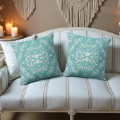 アクアティール（緑がかった色）とホワイトフローラダマスク クッション