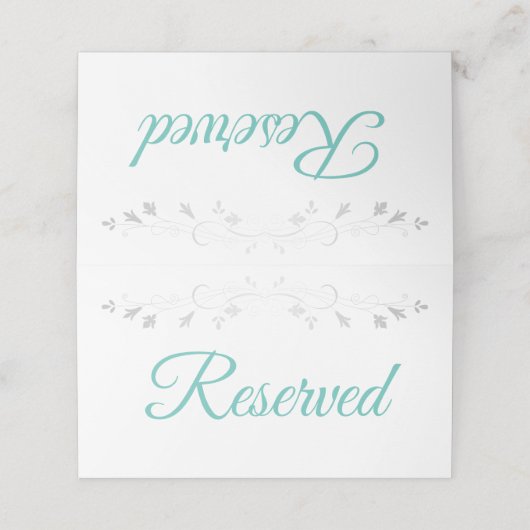 アクアティール（緑がかった色）オンホワイトエレガントな結婚予約 プレイスカード (外部開封)