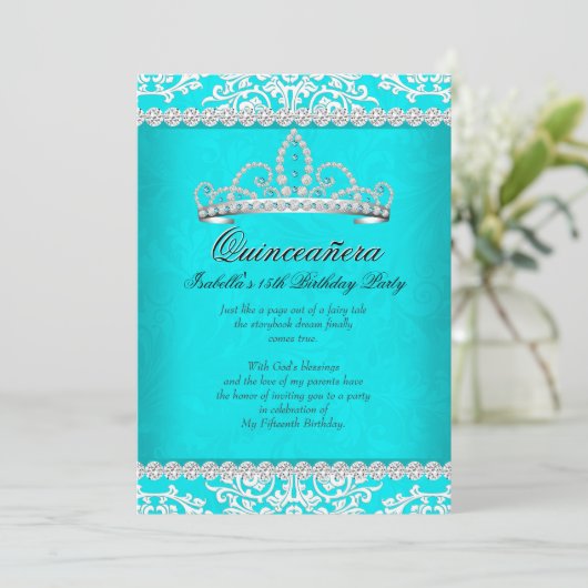 アクアティール（緑がかった色）キンセアニェラ15thバースデーパーティティアラ 招待状 (スタンド正面)