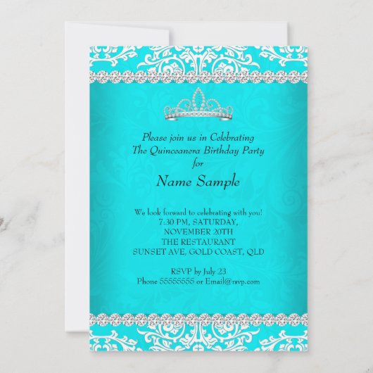 アクアティール（緑がかった色）キンセアニェラ15thバースデーパーティティアラ 招待状 (裏面)