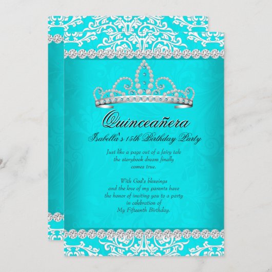 アクアティール（緑がかった色）キンセアニェラ15thバースデーパーティティアラ 招待状 (正面/裏面)
