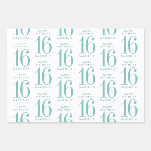 アクアティール(緑がかった色)グリッタースウィート16パーソナライズされたターコイズ ラッピングペーパーシート (正面)