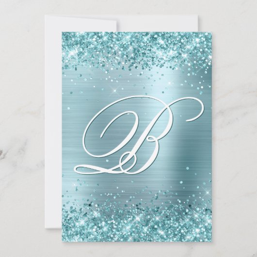 アクアティール（緑がかった色）グリッター淡い色のブルーフォイル50th誕生日 招待状 (正面)