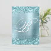 アクアティール(緑がかった色)グリッター淡い色のブルーフォイル50th誕生日 招待状 (スタンド正面)