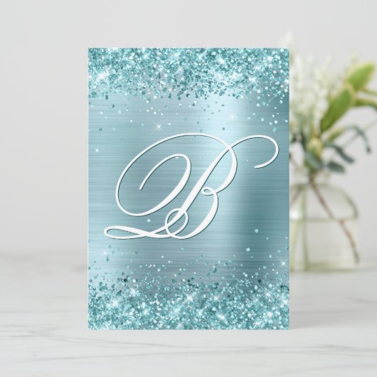 アクアティール（緑がかった色）グリッター淡い色のブルーフォイル50th誕生日 招待状 (スタンド正面)