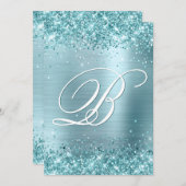 アクアティール(緑がかった色)グリッター淡い色のブルーフォイル50th誕生日 招待状 (正面/裏面)