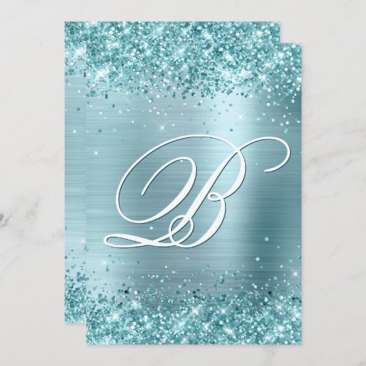 アクアティール（緑がかった色）グリッター淡い色のブルーフォイル50th誕生日 招待状 (正面/裏面)