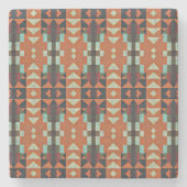 アクアティール（緑がかった色）グリーンオレンジタウペベージュトリバルアート ストーンコースター (正面)