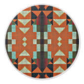 アクアティール(緑がかった色)グリーンオレンジタウペベージュトリバルアート セラミックノブ (正面)