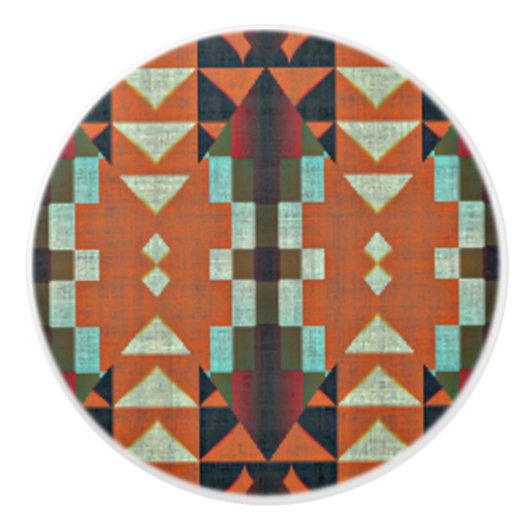 アクアティール（緑がかった色）グリーンオレンジタウペベージュトリバルアート セラミックノブ (正面)