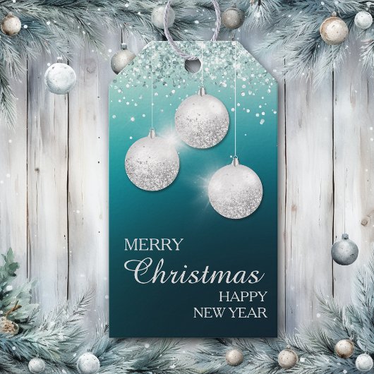 アクアティール（緑がかった色）シルバーグリッタークリスマスバルブ ギフトタグ