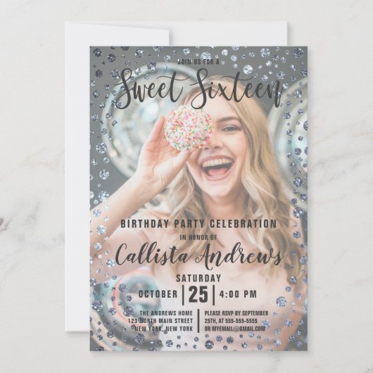 アクアティール（緑がかった色）シルバーグリッター紙吹雪フォトスウィート16 招待状 (正面)