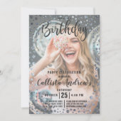 アクアティール(緑がかった色)シルバーグリッター紙吹雪フォト誕生日 招待状 (正面)