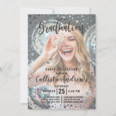 アクアティール(緑がかった色)シルバーグリッター紙吹雪写真卒業 招待状 (正面)