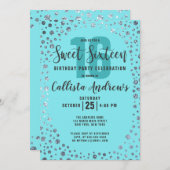 アクアティール（緑がかった色）シルバーグリッター縁ど紙吹雪スウィート16 招待状 (正面/裏面)