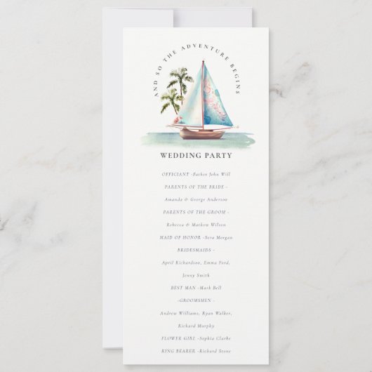 アクアティール(緑がかった色)シルボートパームシースケープ結婚式 プログラム (裏面)