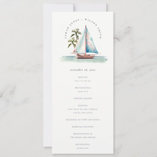 アクアティール（緑がかった色）シルボートパームシースケープ結婚式 プログラム (正面)