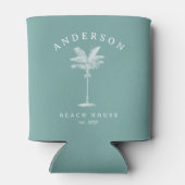 アクアティール（緑がかった色）シンプルパームツリービーチハウス 缶クーラー (裏面)