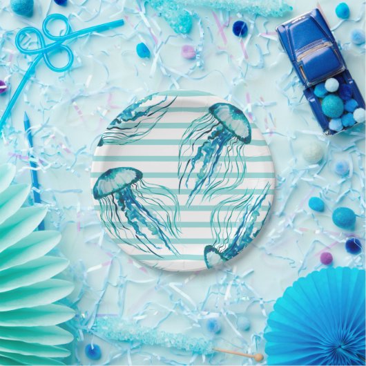 アクアティール（緑がかった色）ストライプズウォーターカラークラゲ ペーパープレート (パーティー)