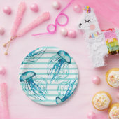 アクアティール(緑がかった色)ストライプズウォーターカラークラゲ ペーパープレート (パーティー)