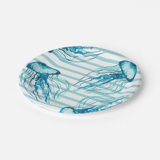 アクアティール（緑がかった色）ストライプズウォーターカラークラゲ ペーパープレート (アングル)