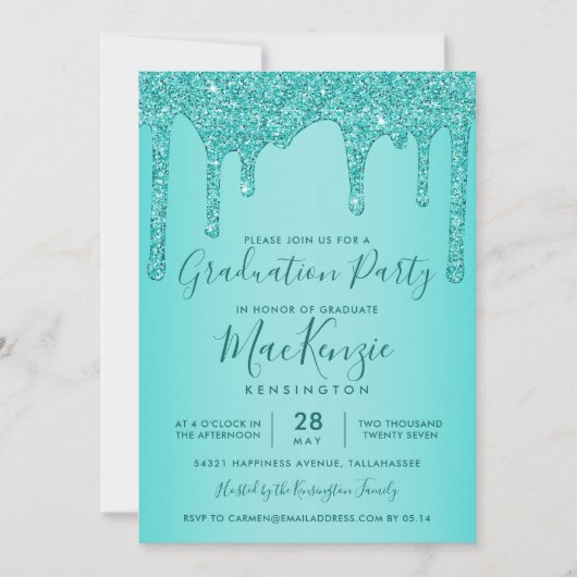 アクアティール（緑がかった色）スパークルグリッタードリップス卒業パーティー 招待状 (正面)