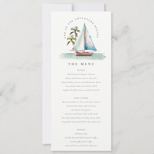 アクアティール(緑がかった色)セイボートパームシー結婚スケープズメニューカード 招待状 (正面)