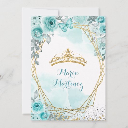 アクアティール（緑がかった色）ターコイズ2バラ&バタフライミスカンス 招待状 (裏面)