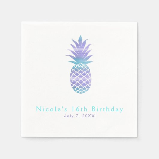 アクアティール（緑がかった色）&パープルパイナップルトロピカルシックパーティー スタンダードカクテルナプキン (正面)