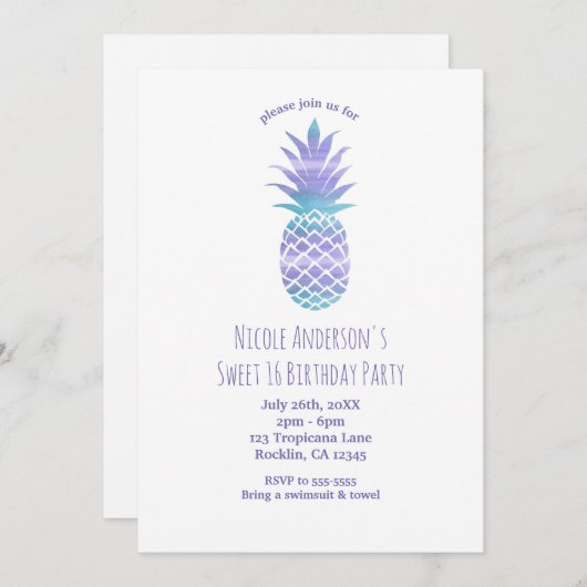 アクアティール（緑がかった色）&パープルパイナップルトロピカルシックパーティー 招待状 (正面/裏面)