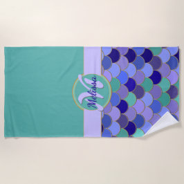 アクアティール（緑がかった色）&パープルマーメイドはかりで測モノグラム+名前 ビーチタオル