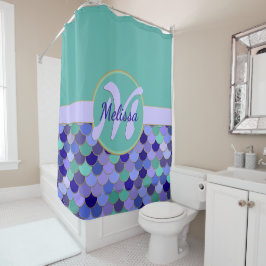 アクアティール(緑がかった色)&パープルモノグラム+ネームマーメイドはかりで測 シャワーカーテン
