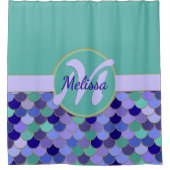 アクアティール（緑がかった色）&パープルモノグラム+ネームマーメイドはかりで測 シャワーカーテン (正面)