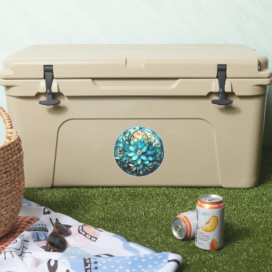 アクアティール（緑がかった色）フラワーステンドグラススタイル絵画ズ シール (クーラー)