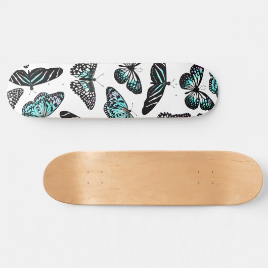 アクアティール(緑がかった色)ブラックチョウ水彩模様 スケートボード (横)