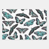 アクアティール(緑がかった色)ブラック蝶の水色パターン ラッピングペーパーシート (正面)