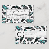 アクアティール（緑がかった色）ブラック蝶の水色パターン ロイヤリティカード (正面/裏面)