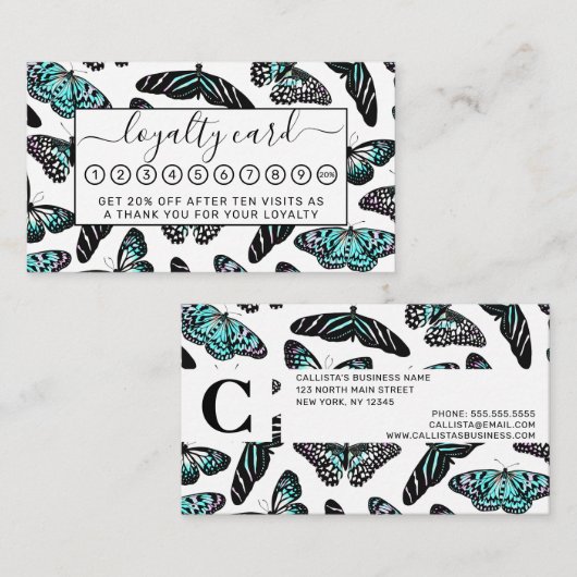 アクアティール(緑がかった色)ブラック蝶の水色パターン ロイヤリティカード (正面/裏面)