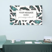 アクアティール（緑がかった色）ブラック蝶の水色パターン 横断幕 (トレードショー)