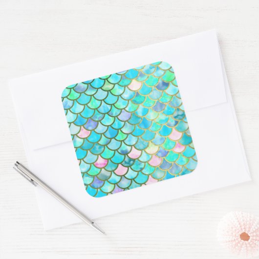 アクアティール(緑がかった色)ブルーウォーターカラーマーメイドパタはかりで測ーン スクエアシール (封筒)