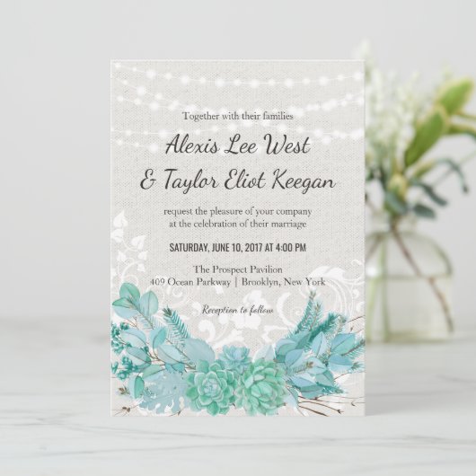 アクアティール（緑がかった色）ブルーウォーター色の多肉的な結婚式の招待 招待状 (スタンド正面)
