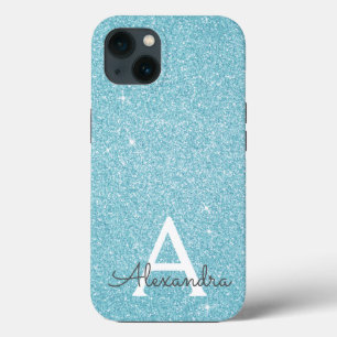 アクアティール（緑がかった色）ブルーグリッターとスパークルモノグラムケース – M iPhone 13ケース