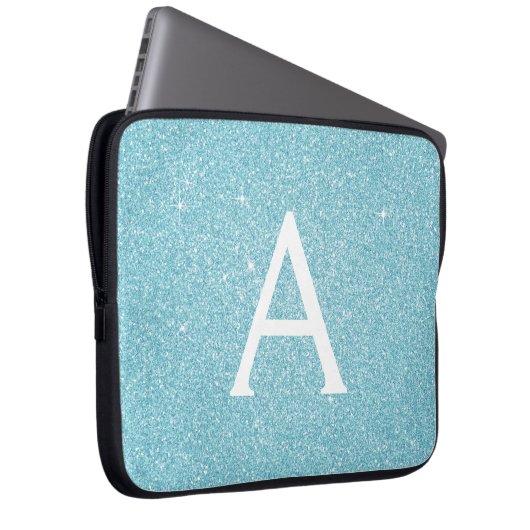 アクアティール(緑がかった色)ブルーグリッターアンドスパークルモノグラム ラップトップスリーブ (正面右)