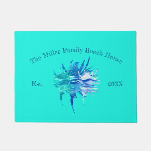 アクアティール(緑がかった色)ブルーコンチウェーブシルエット水彩 ドアマット (正面)