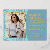 アクアティール(緑がかった色)ブルーゴールドフォイル卒業発表 箔招待状 (正面)