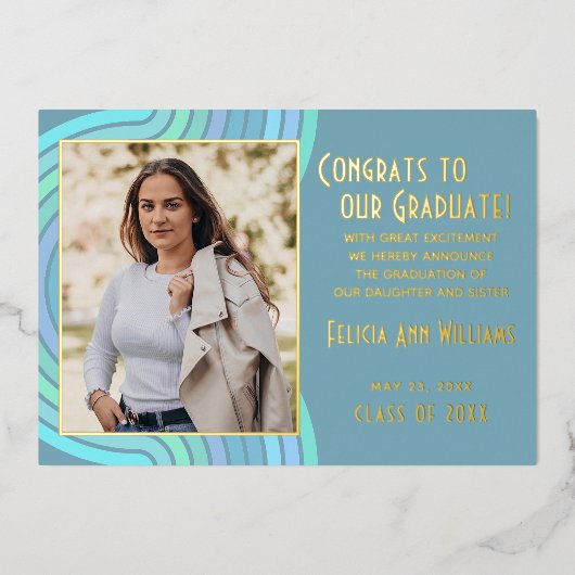 アクアティール(緑がかった色)ブルーゴールドフォイル卒業発表 箔招待状 (正面)