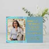 アクアティール(緑がかった色)ブルーゴールドフォイル卒業発表 箔招待状 (立ち正面)