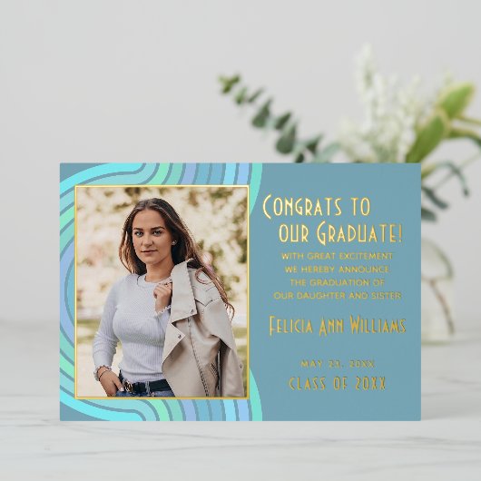 アクアティール（緑がかった色）ブルーゴールドフォイル卒業発表 箔招待状 (立ち正面)